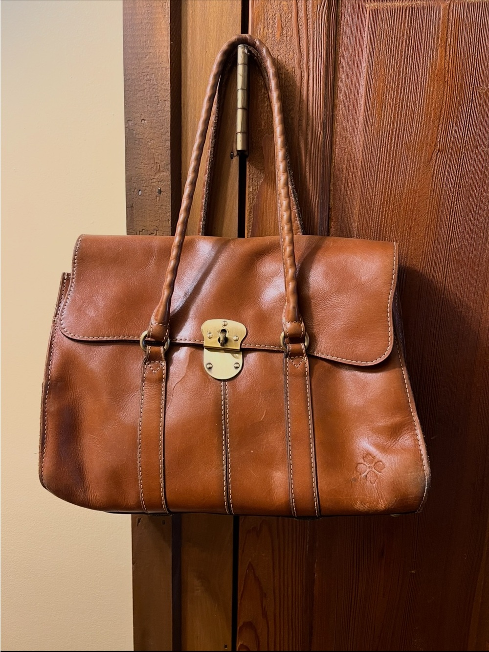 Patricia Nash Cognac Leather Shoulder Satchel with Gold Tone Lock